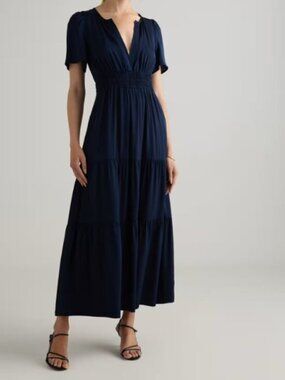 Quince Washable Stretch Silk Tiered Maxi Dress Navy S